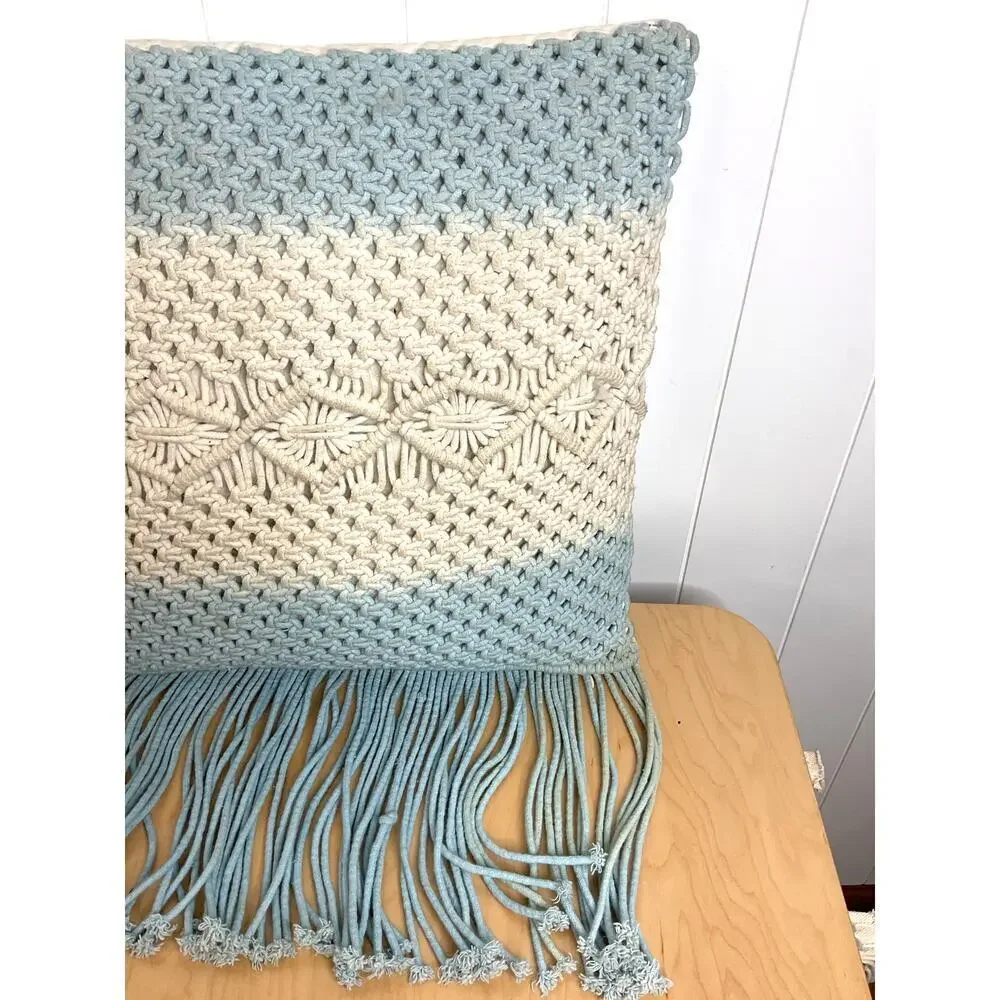 Macramé Pillow in Blue and White 18 x 18‎ Removable Cover Boho Chic